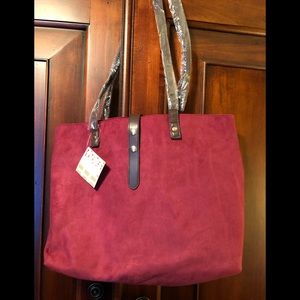 New Red Burgundy Faux Suede Tote Bag including Yankee candle lids and charms.